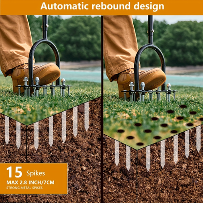 Manual Self-Cleaning Lawn Aerator with Fourteen Visible Iron Spikes in the Exact Black Option