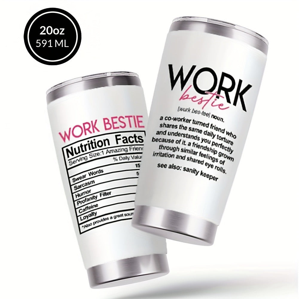 Insulated Tumbler 20oz Work Bestie Graphic in White 304 Stainless Steel with Lid and Straw