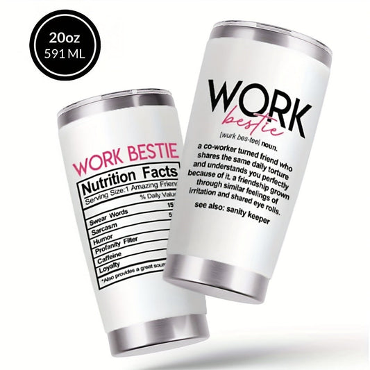 Insulated Tumbler 20oz Work Bestie Graphic in White 304 Stainless Steel with Lid and Straw