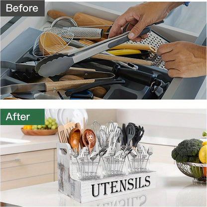 Utensil Holder Kitchen Organizer with Four Wood Compartments, Countertop Shelf and White or Black Finish