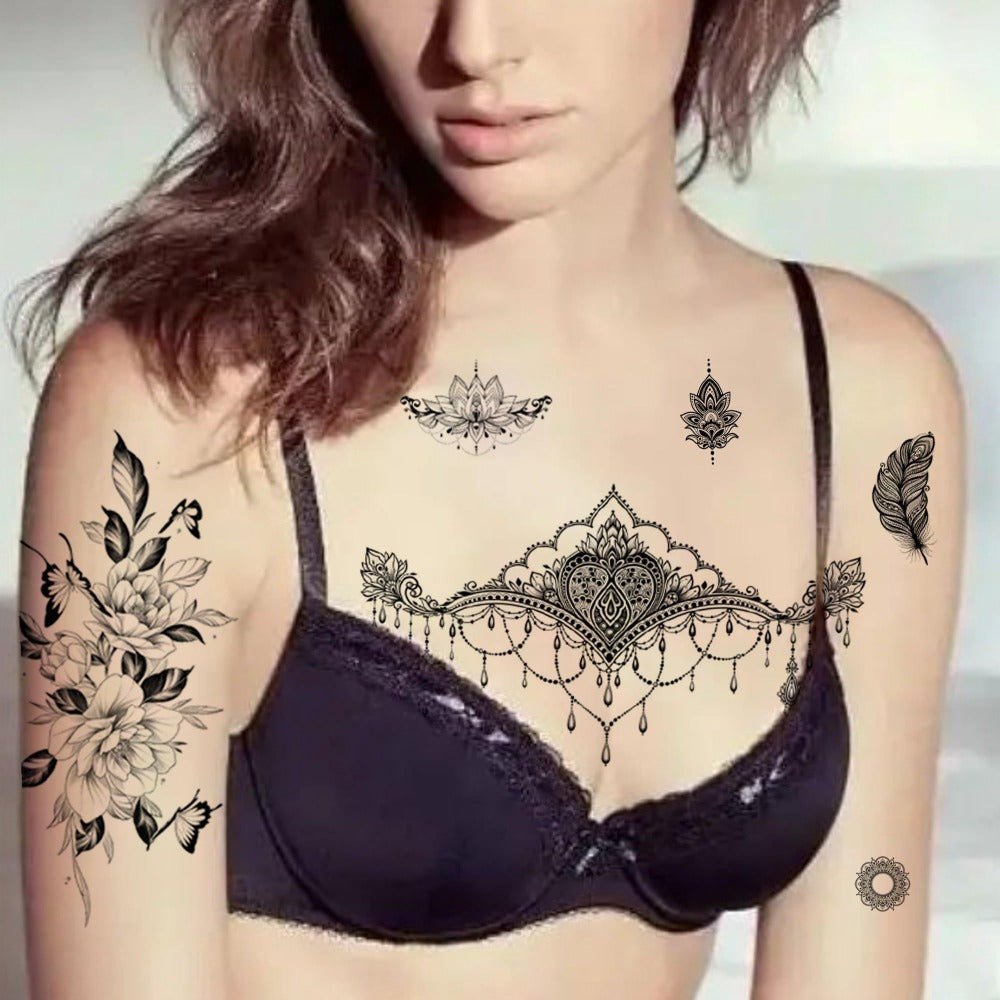 Large Temporary Tattoos for Women 60+ Pcs, 10 Realistic Waterproof Fake Tattoo Stickers for Chest Neck Underboob Arm Shoulder, Bold Body Art Designs for Festival Rave Pool Party Bachelorette Gift