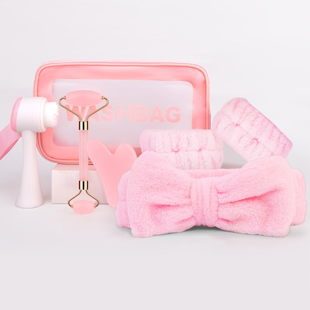 7-Piece Facial Cleansing Accessory Set with Wash Bag, Headband, Wristbands, Face Brush and Roller