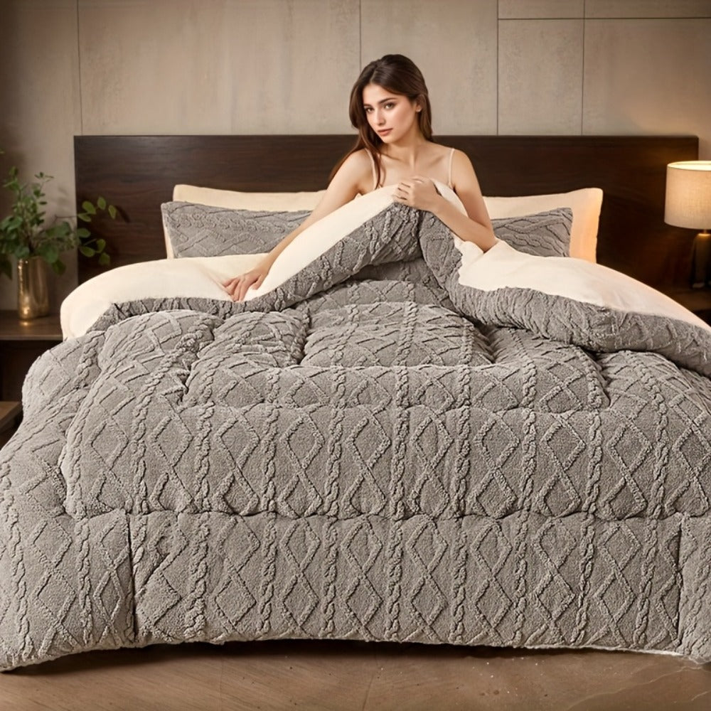 Geometric Plush Comforter in Silvery Grey or Blue with Five Sizes from 53.15 x 78.74 to 103.94 x 90.16 Inches