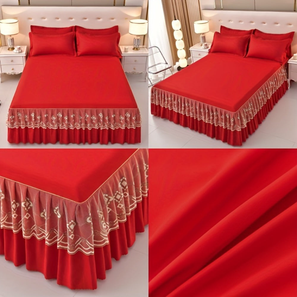 Macrame Lace Bed Skirt Set 3pcs – Double Layer Non-Slip Bed Skirt with 2 Pillowcases All Seasons Twin Full Queen King