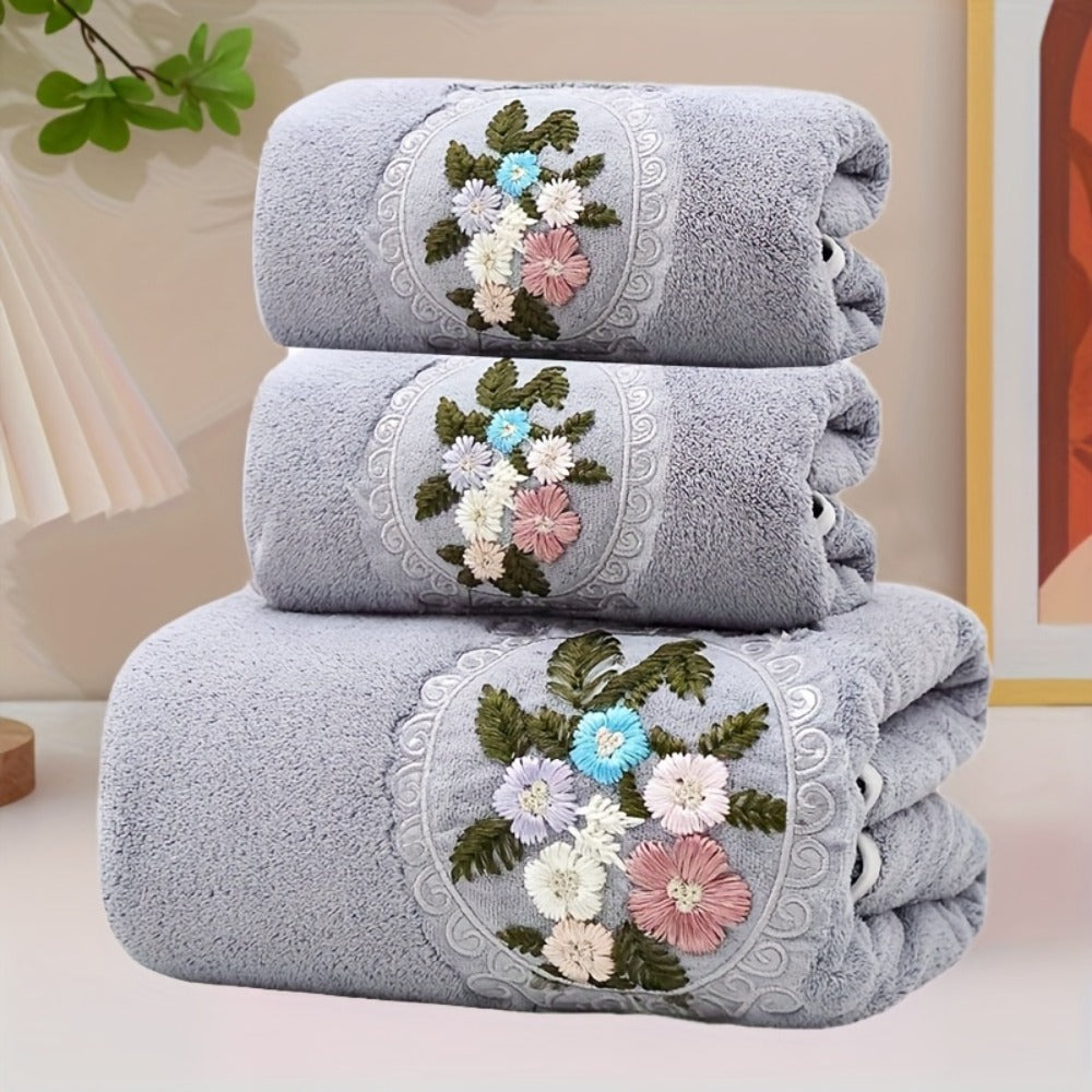 Towel Set 3-Piece Embroidered Flower Bath and Face Towels in White, Blue, Pink or Gray for Home and Guest Use