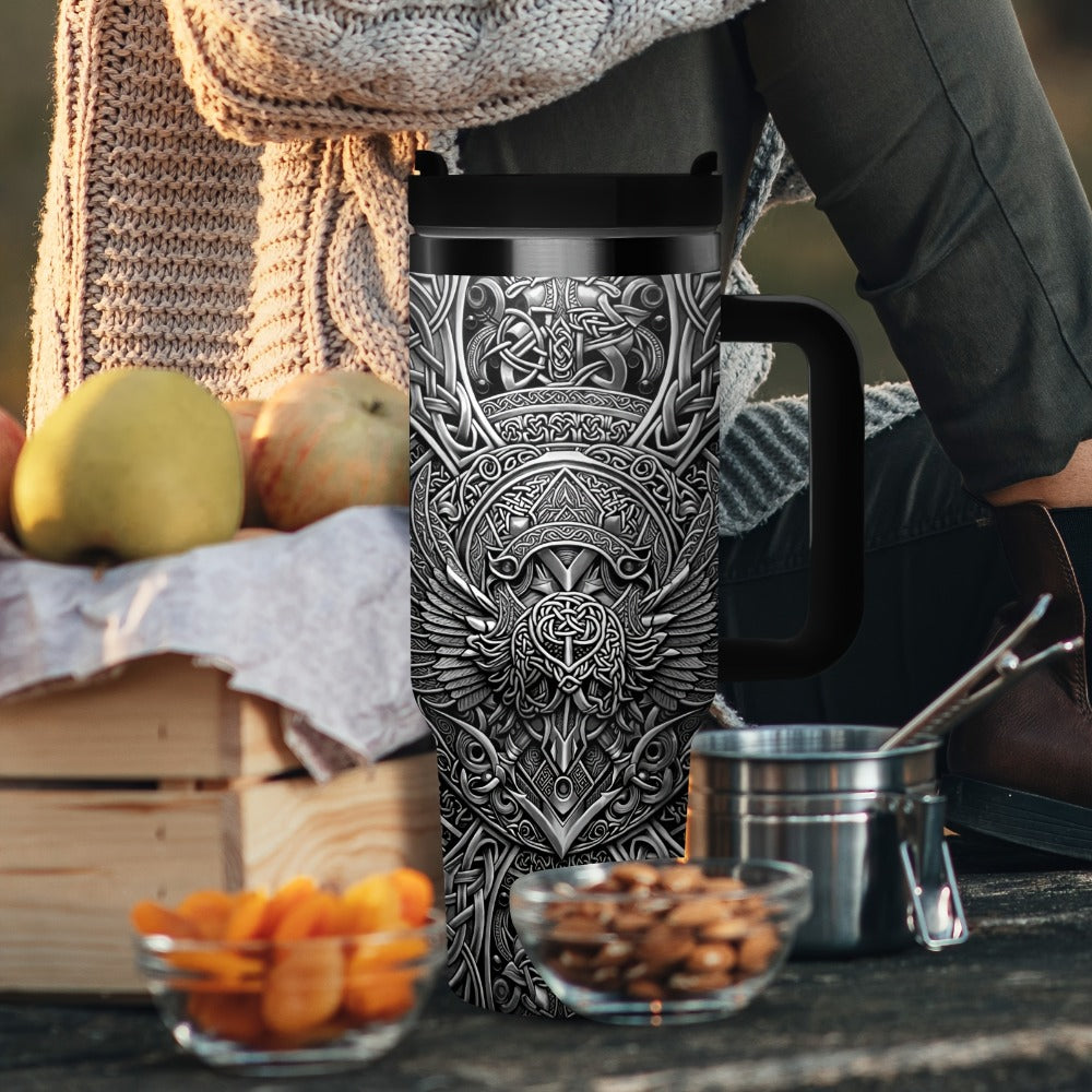 40oz Wolf-and-Raven Graphic Handled Tumbler with Black Lid, Straw and 10 x 26.8 cm Pictured Size