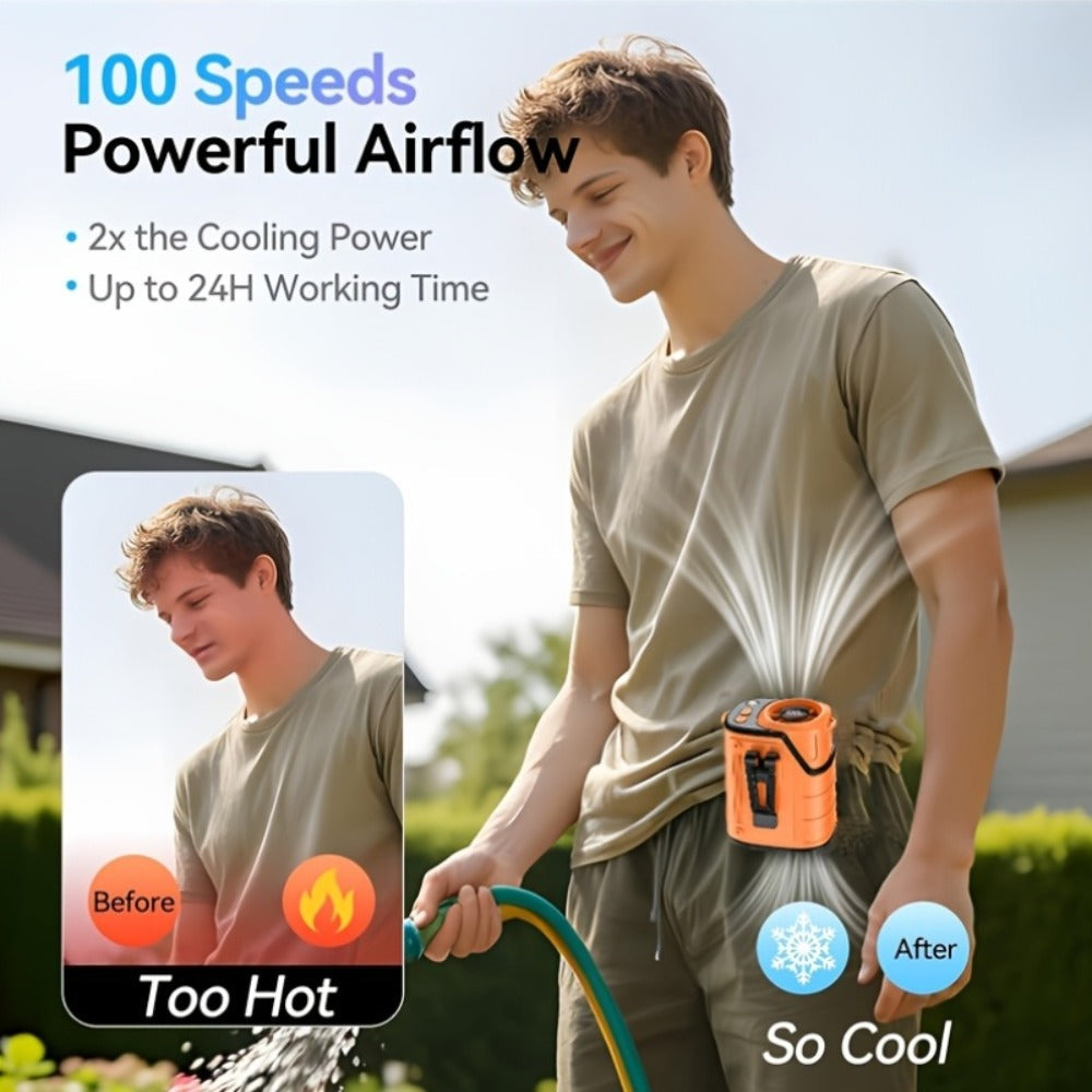 Portable Fan, 3600mAh Three-in-One Waist Clip Model with Adjustable Speeds, LED Flashlight and Digital Display