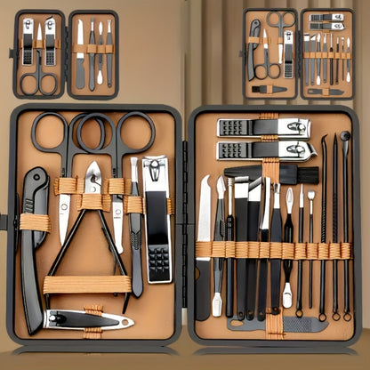 Manicure Pedicure Kit 16 Piece Stainless Steel - Luxury Nail Clipper Set with Portable Case Professional Nail Scissors Beauty Tools for Fingernails Toenails - Gift for Men Women Brown Black