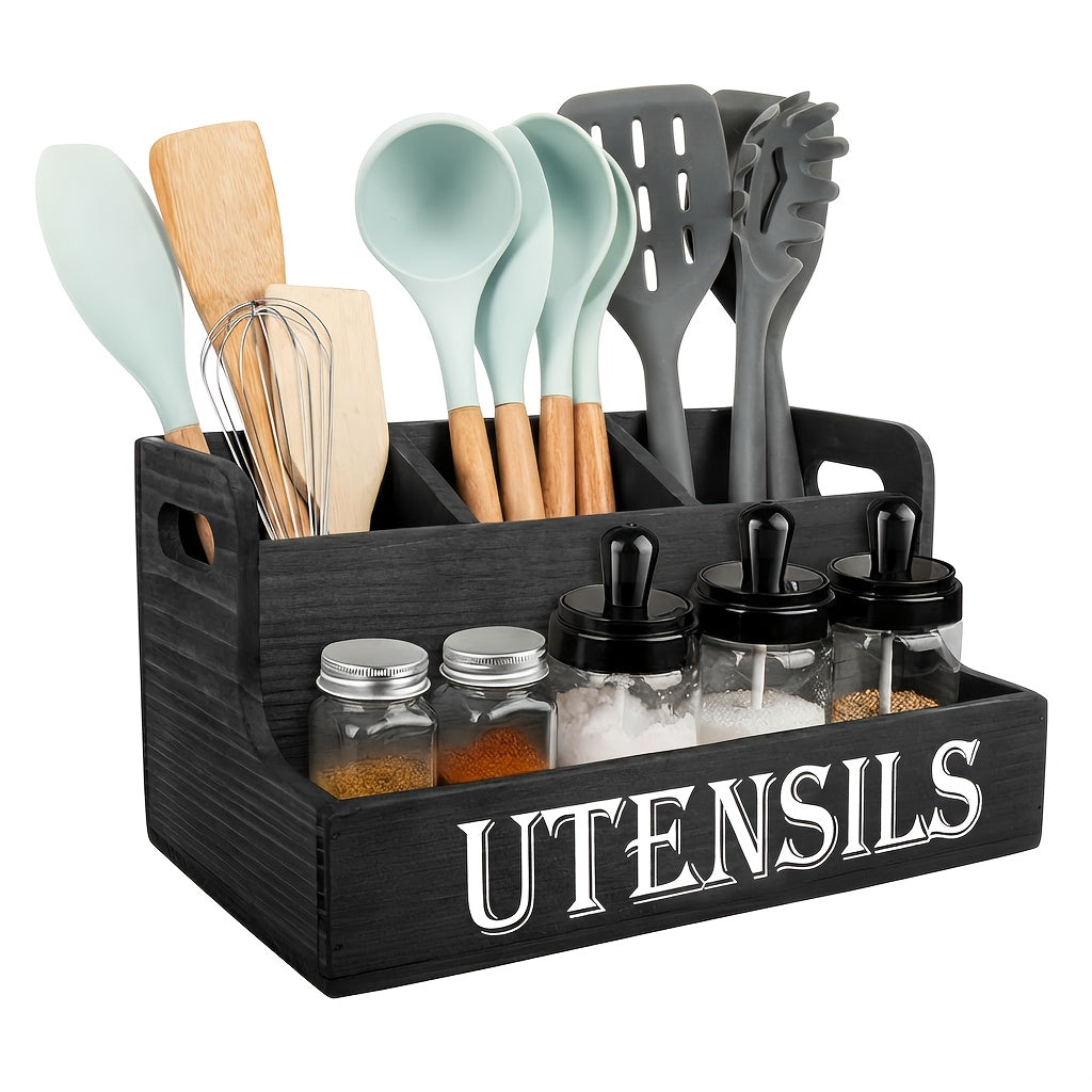 Utensil Holder Kitchen Organizer with Four Wood Compartments, Countertop Shelf and White or Black Finish