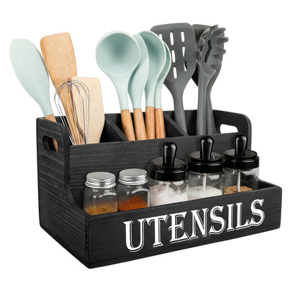 Utensil Holder Kitchen Organizer with Four Wood Compartments, Countertop Shelf and White or Black Finish