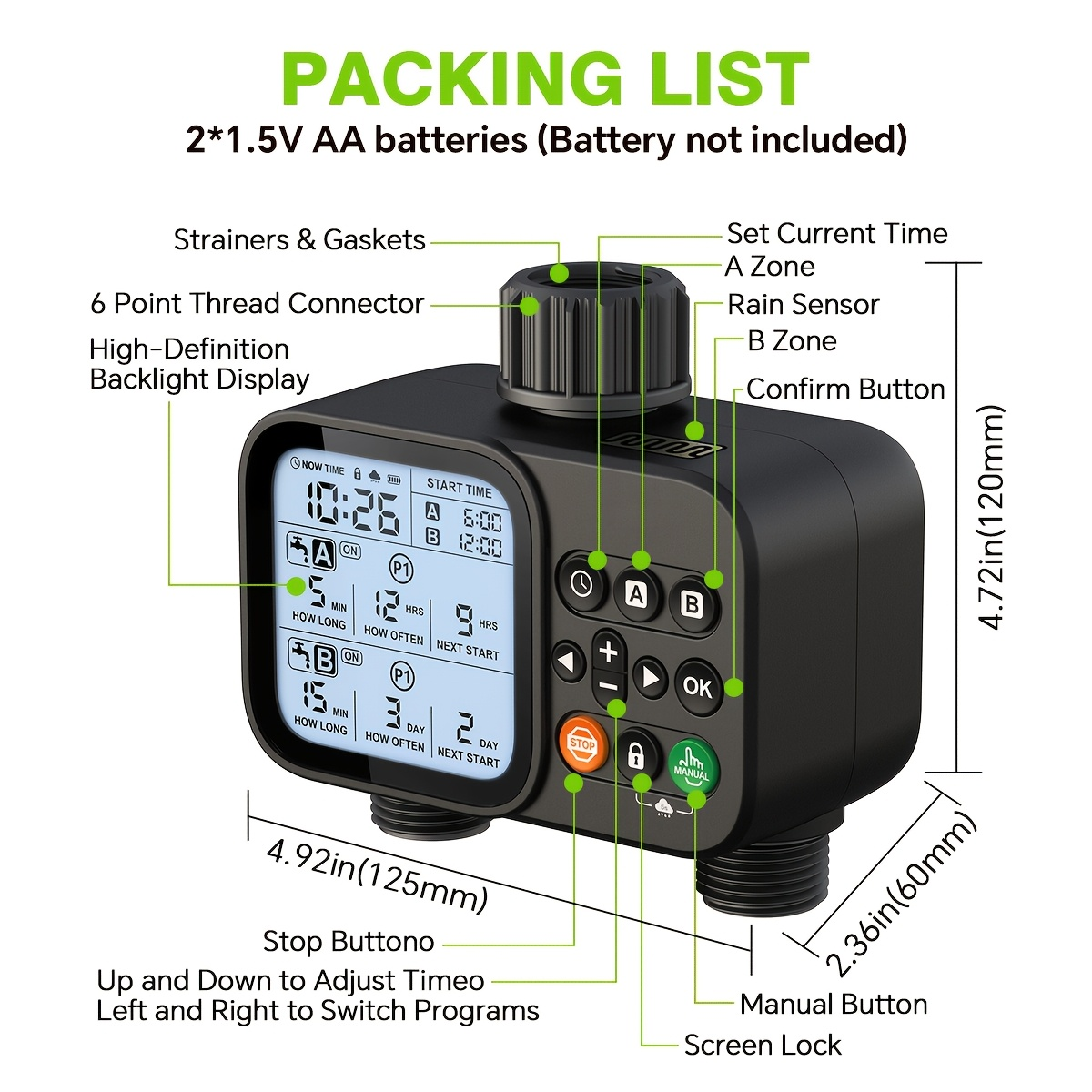 Automatic Drip Irrigation Timer Smart Garden Watering Controller 2-Zone