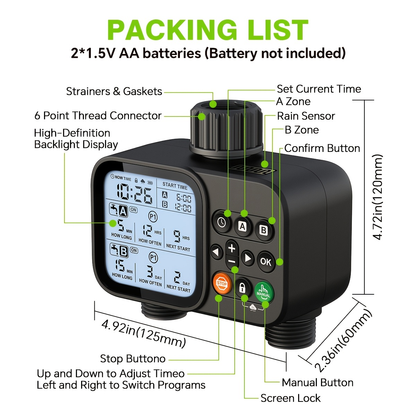 Automatic Drip Irrigation Timer Smart Garden Watering Controller 2-Zone