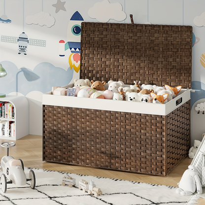 Large Storage Basket with Lid & Handles - 220L Handwoven Wicker Blanket Basket, Metal Frame, Soft Lining, Foldable for Bedroom, Laundry Room & Living Room