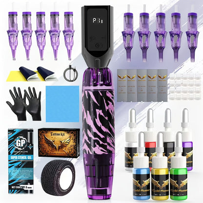 Wireless Tattoo Gun Kit Complete Set TM-74 — 1500mAh Battery, 10 Tattoo Needles, 7 Ink Bottles & Full Supplies for Beginners & Professional Artists, Perfect Gift