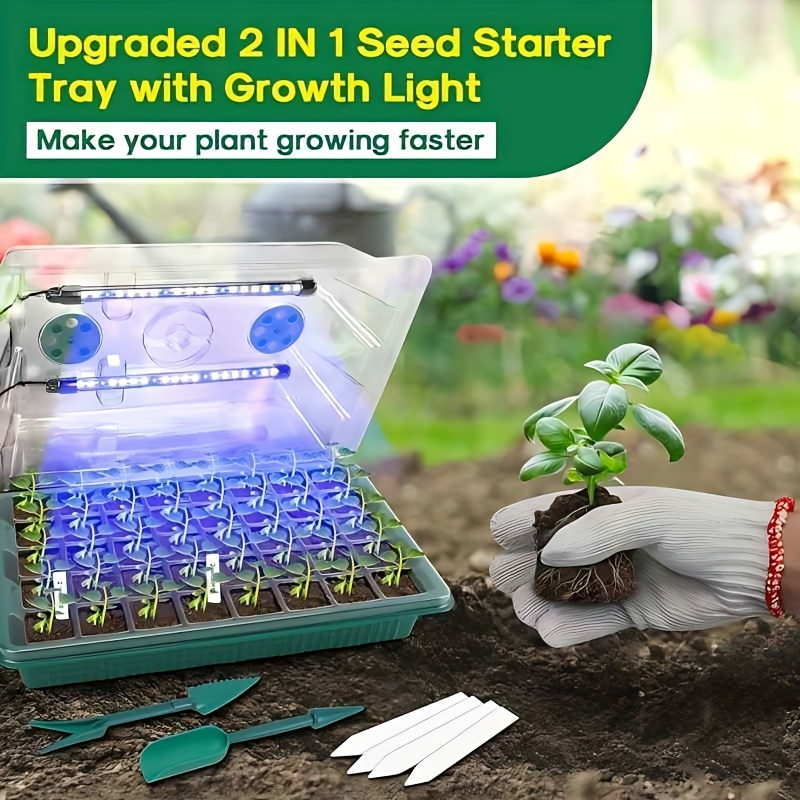 Four-Set 160-Cell Seed Starting Tray Kit with Eight LED Grow Lights, Timer and High-Dome Covers