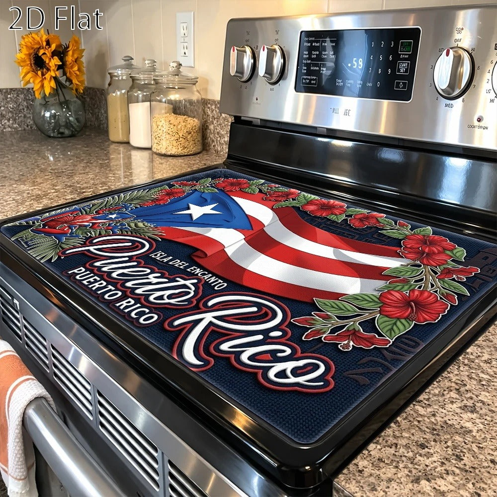Puerto Rico Flag and Floral Stove Protector Mat, 28.35 x 20.47 Inches with Rectangular Format