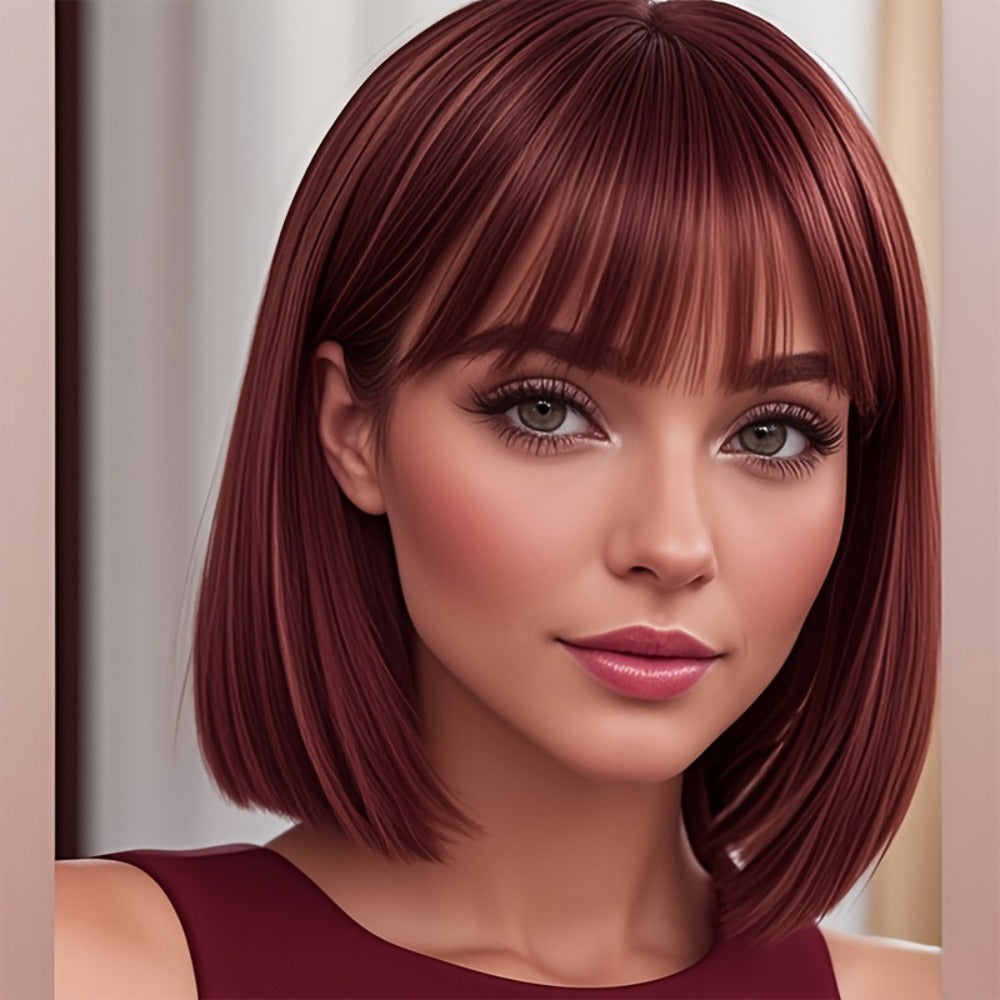Synthetic Wig 12-Inch Straight Bob with Bangs and Rose Net Cap in Four Color Finishes for Daily Style