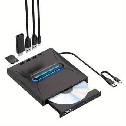 8-in-1 Luminous External CD DVD Drive USB 3.0 & Type-C - Portable CD/DVD±RW Burner Player Hub with 3 USB Ports