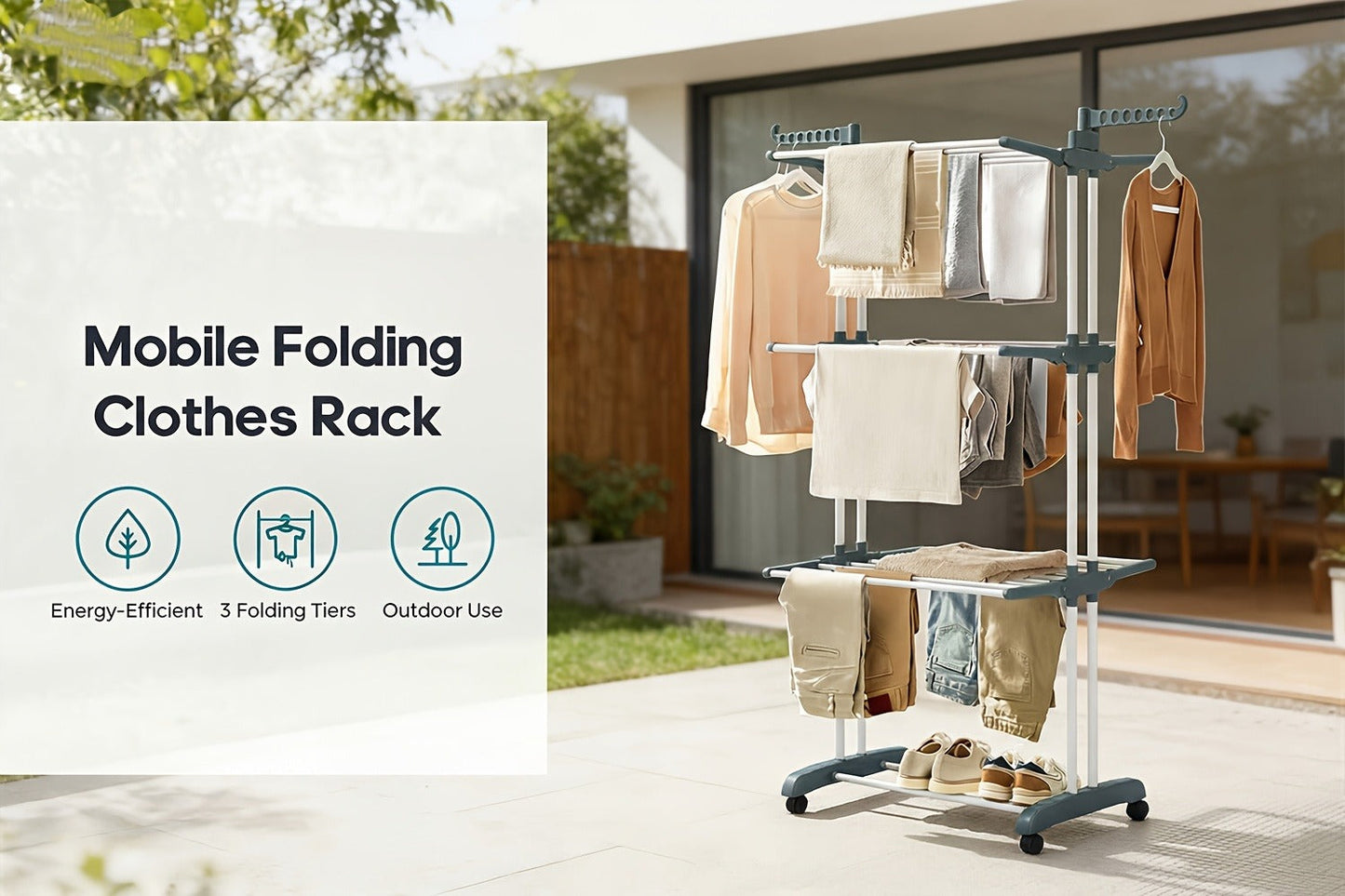 Four-Tier Foldable Metal Clothes Drying Rack with Casters for Up to 30 Garments and Small Spaces