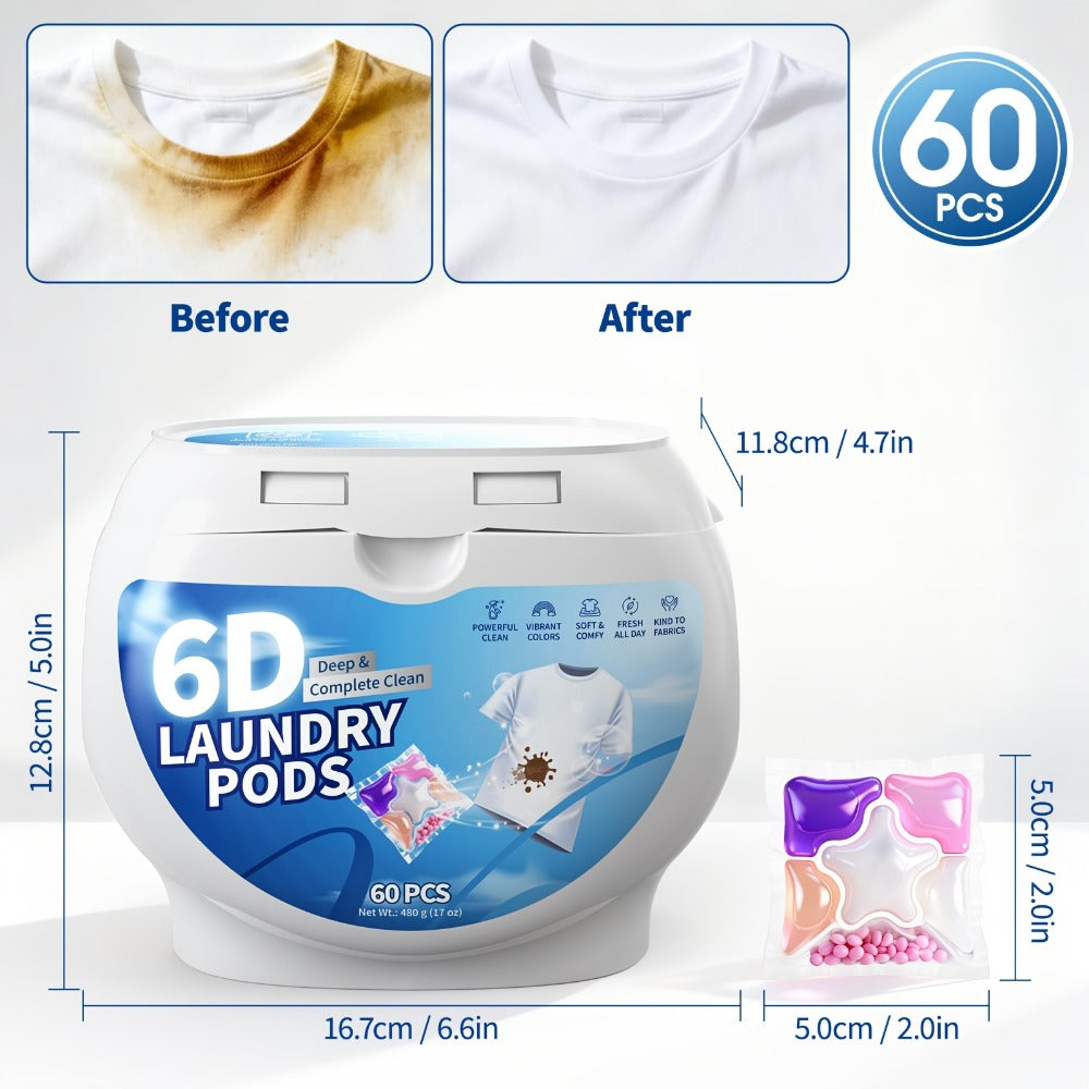 Laundry Detergent Gel Pods, 60-Count 480g Pack in a Clear Six-Cell Handled Storage Tub with Multicolor Pods