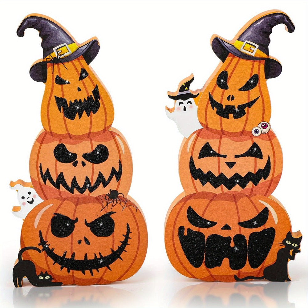 Two-Piece Halloween Pumpkin Stack Tabletop Decoration Set with Witch Hats, Ghost Accents and Glitter-Look Finish