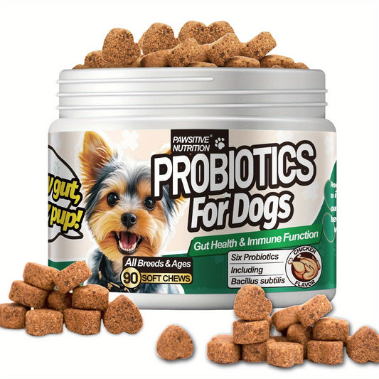 Dog Probiotic Chews for Digestive Health - Chicken Flavor Soft Chews with Probiotics for All Breeds, Supports Gut Health, Bloating & Diarrhea Relief, 90 Count per Bottle