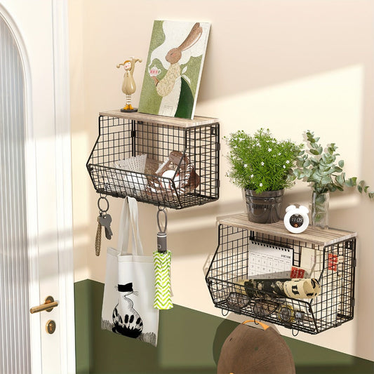 Stackable Metal Wire Fruit Basket with Lid – 1 or 2-Tier Hanging Kitchen Pantry Storage Bin, Wall-Mounted or Countertop Vegetable Organizer for Potato, Onion & Produce, Black
