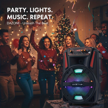 8-Inch Bluetooth Party Speaker with LED Lights & Wired Microphone – TWS Stereo Bass Boost, FM Radio, USB TF AUX Playback, Rechargeable Battery, Portable Wireless Speaker for Outdoor Parties & Karaoke