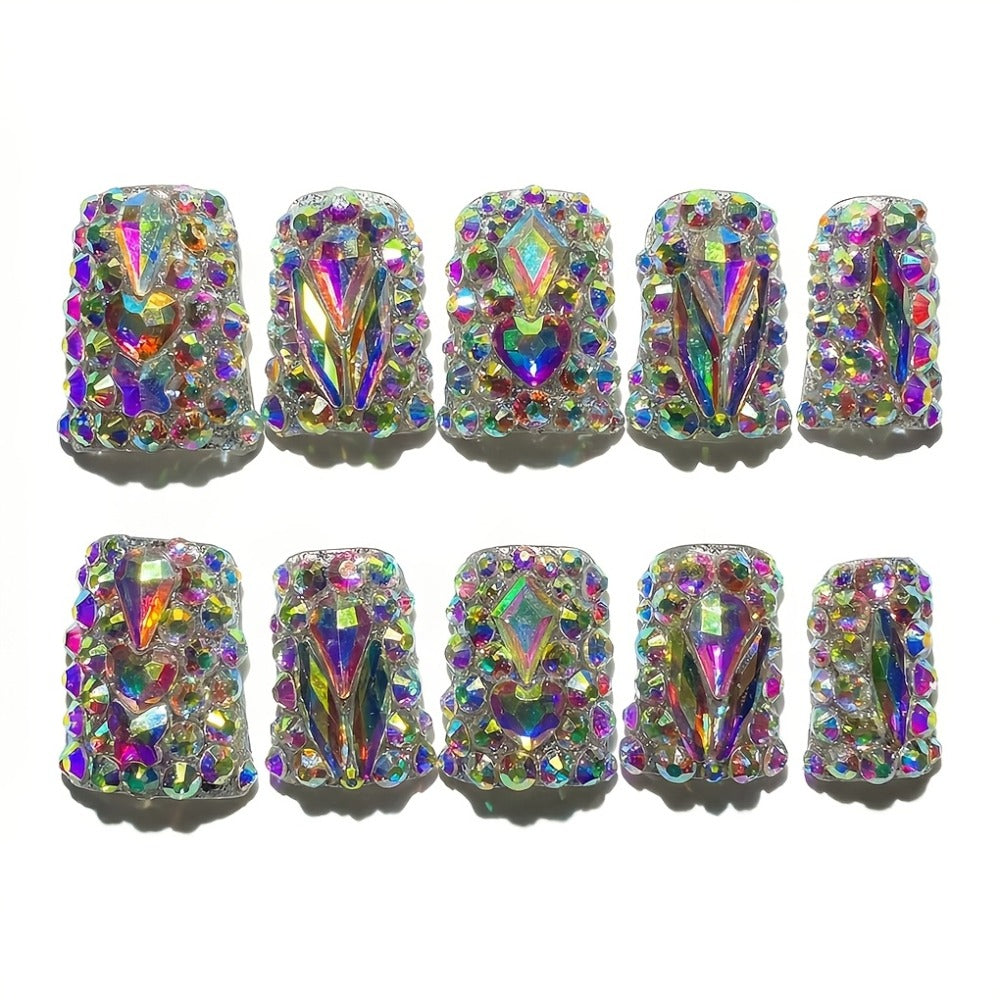 Press On Nails 10-Piece Short Duckbill Set with Glossy Mixed Colors, AB Crystals and Gel Adhesive Tabs