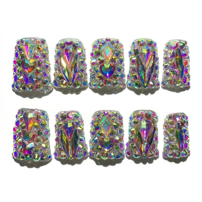 Press On Nails 10-Piece Short Duckbill Set with Glossy Mixed Colors, AB Crystals and Gel Adhesive Tabs