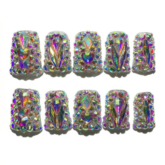Press On Nails 10-Piece Short Duckbill Set with Glossy Mixed Colors, AB Crystals and Gel Adhesive Tabs