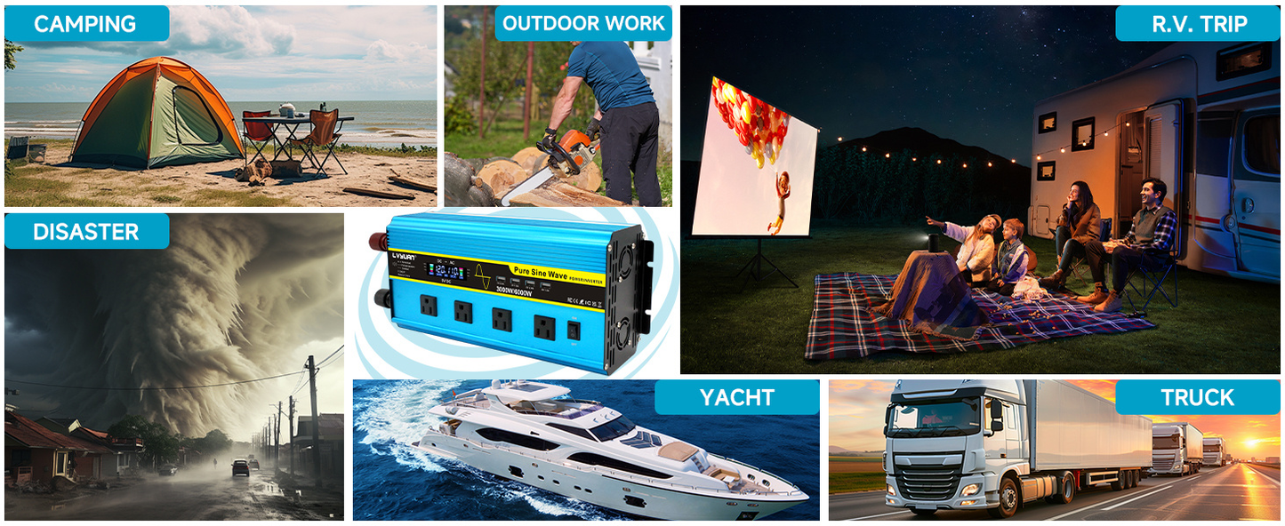 Blue 12V or 24V DC to 110V AC Power Inverter with LCD, Four AC Receptacles and Remote Presentation