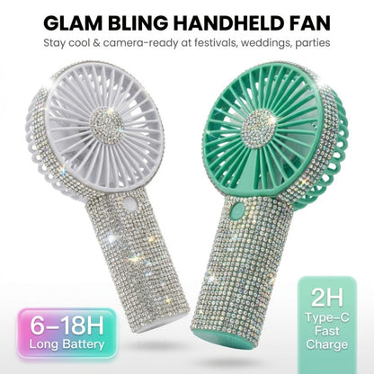 Elegant Silvery Rhinestone Mini Handheld Fan with Type-C Charging, Round Grille and Decorated Handle