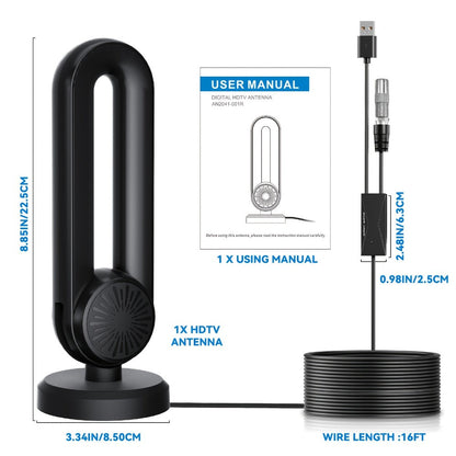 TV Antenna with 180-Degree Rotating Loop Receiver, Magnetic Base, 15-Foot Cable and USB Power Lead