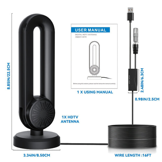 TV Antenna with 180-Degree Rotating Loop Receiver, Magnetic Base, 15-Foot Cable and USB Power Lead