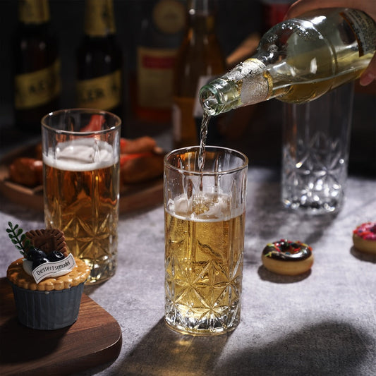 Highball Glasses Set of 12 - 12oz Crystal Clear Vintage Textured Tall Drinking Glasses, Dishwasher Safe Designer Glassware for Cocktail, Tea, Water, Beer & Soda
