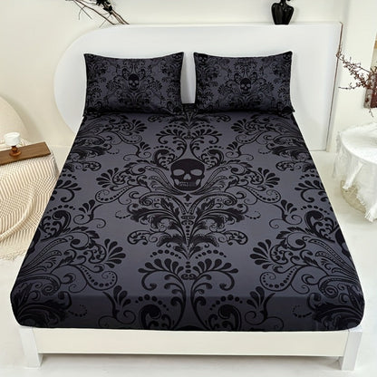 Gothic Skull Fitted Sheet Set 3-Piece – Victorian Baroque Halloween Bedding | 1 Deep Pocket Fitted Sheet + 2 Pillowcases | Machine Washable Hypoallergenic Polyester | Twin Full Queen King