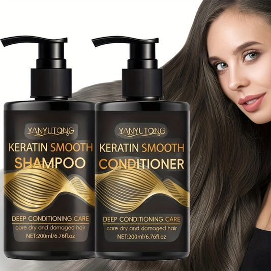 Keratin Shampoo and Conditioner Set 400ml — Repairs Breakage Split Ends & Anti-Frizz, Silky Smooth Hair for Color-Treated Heat-Damaged Hair, Squalane Castor Oil Unisex Hair Care Gift