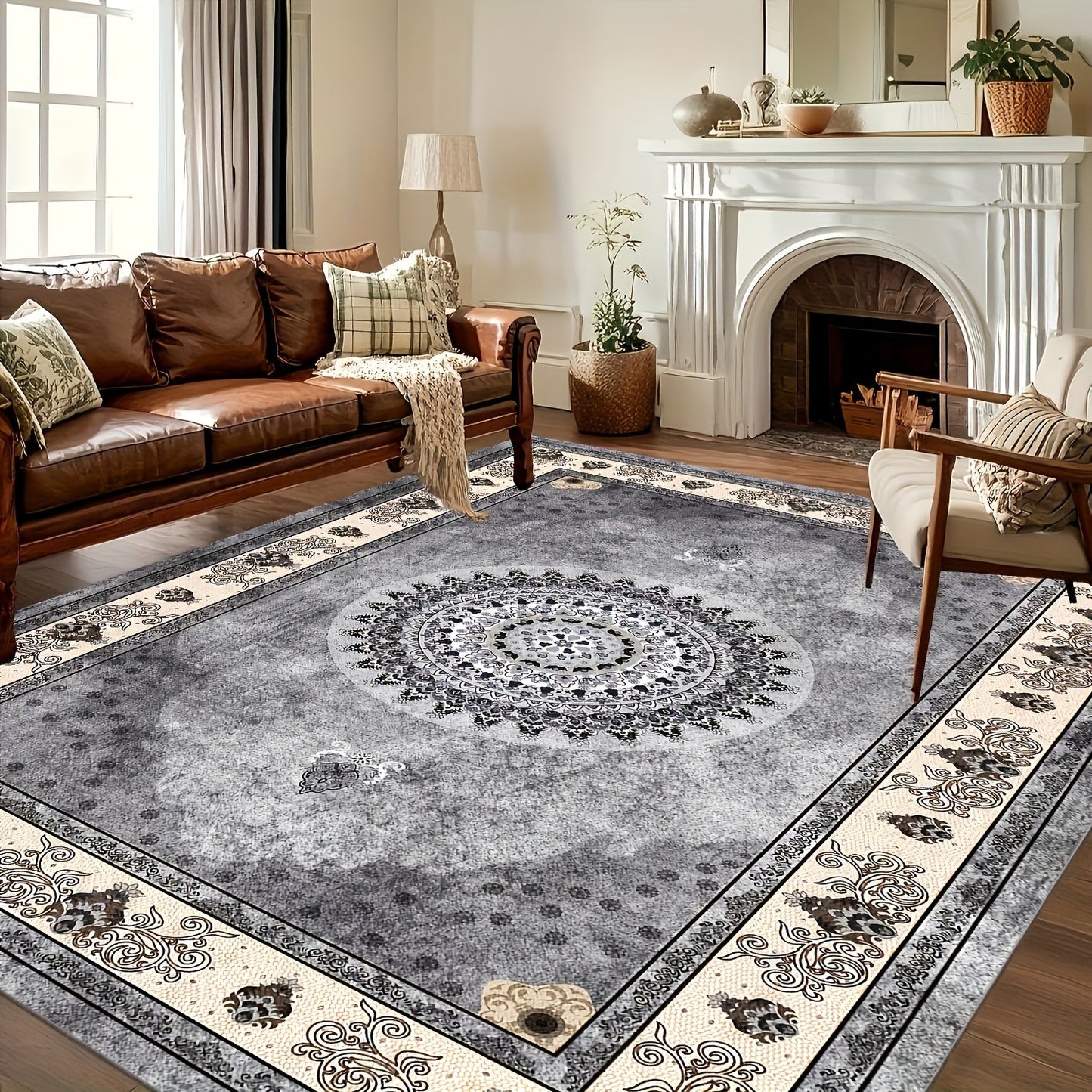 Area Rug Bohemian Persian Velvet Floral Design in Six Machine-Washable Sizes for Living Spaces