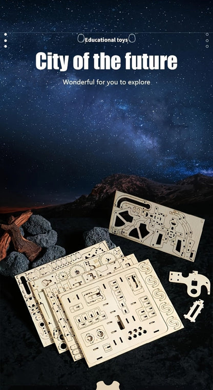 Wooden Marble Track Model Kit with Dual-Linkage A or B Builds, Laser-Cut Panels, Gears and Ball Rails