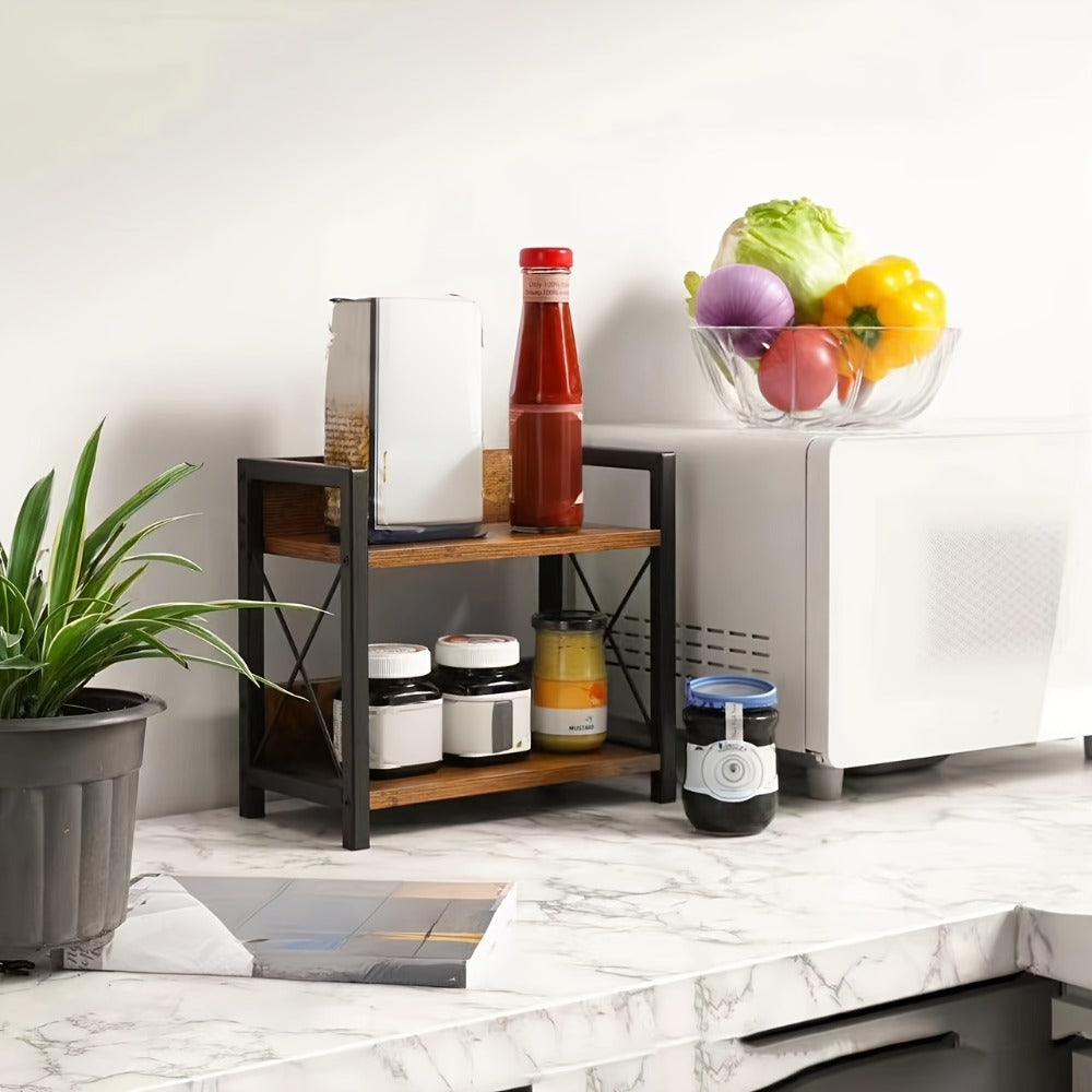 Two-Shelf Countertop Spice Rack with Wood-Look Panels, Black X-Braced Frame and Yellow Checkout