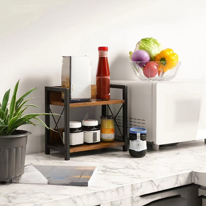 Two-Shelf Countertop Spice Rack with Wood-Look Panels, Black X-Braced Frame and Yellow Checkout