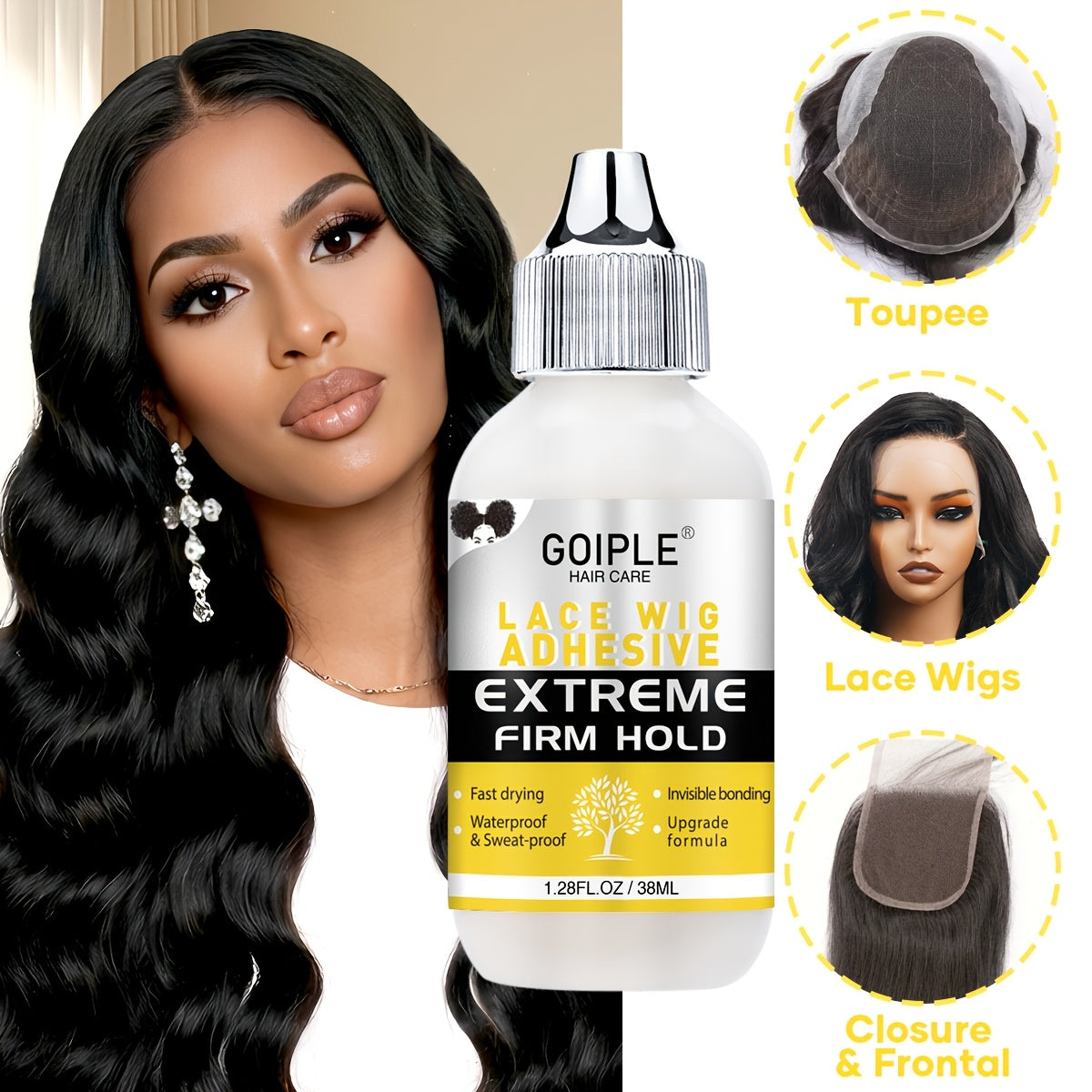 Wig Installation Kit in 9-Piece Glue or 14-Piece Styling Sets with Bands, Caps, Combs and Liquid Bottles