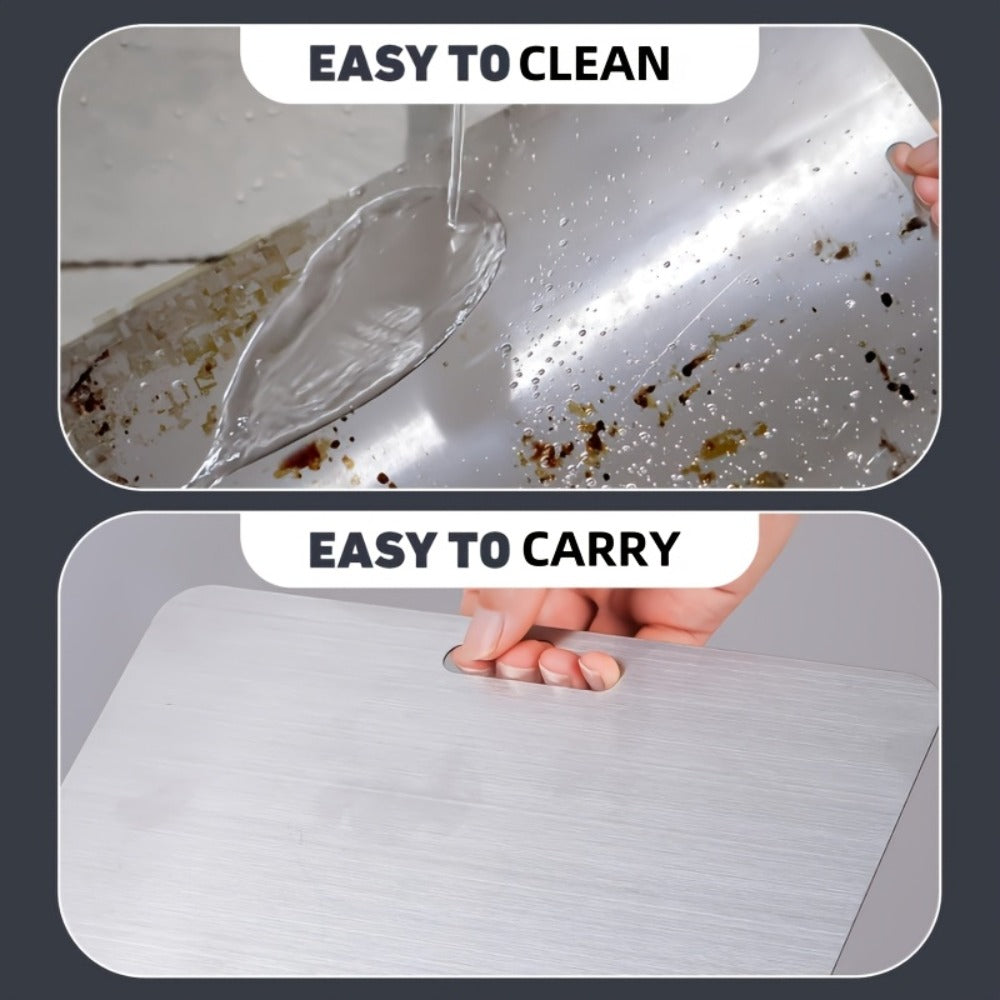 Cutting Board Three-Piece Stainless Steel Set with Rounded Corners, Carry Handles and Three Sizes