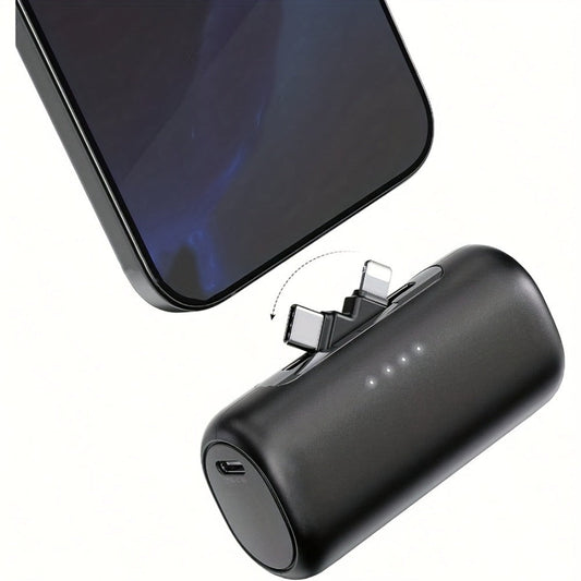 Power Bank 5000mAh Mini with Rotating 2-in-1 Lightning/USB-C Plug and Battery Indicator in Black or Pink
