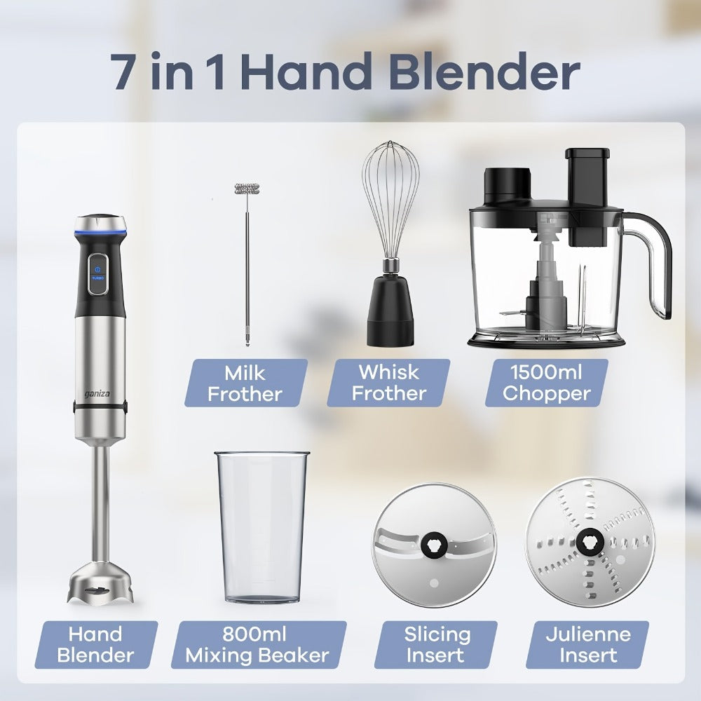 Silver 7-in-1-Labeled Immersion Blender Set with 1500ml Chopper, 800ml Beaker, Whisk and Frother