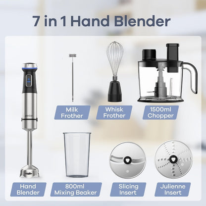 Silver 7-in-1-Labeled Immersion Blender Set with 1500ml Chopper, 800ml Beaker, Whisk and Frother