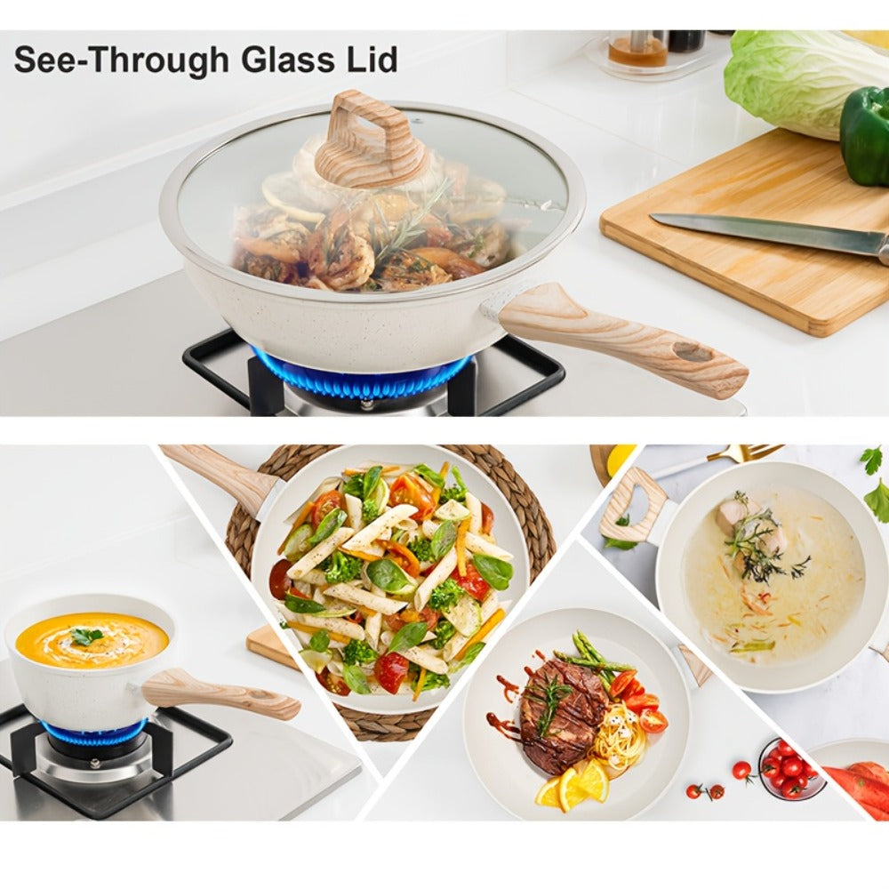 Cookware Set, 12-Piece Granite-Coated Aluminum Pots and Pans with Glass Lids, Pan Protectors and Two Color Options