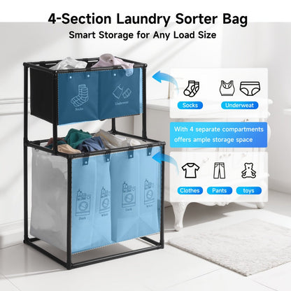 Two-Tier Laundry Sorter Hamper with Upper Compartments, Four Removable Lower Bags and Elevated Frame