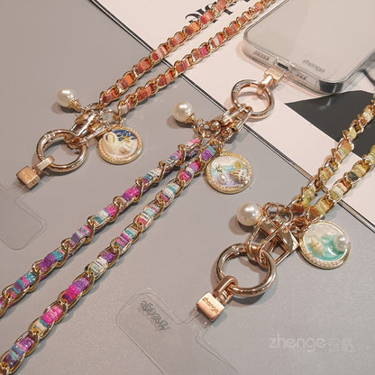 Purple Rose Pattern Phone Crossbody Chain Lanyard with Round Disc Charm and Pictured 65 cm Length